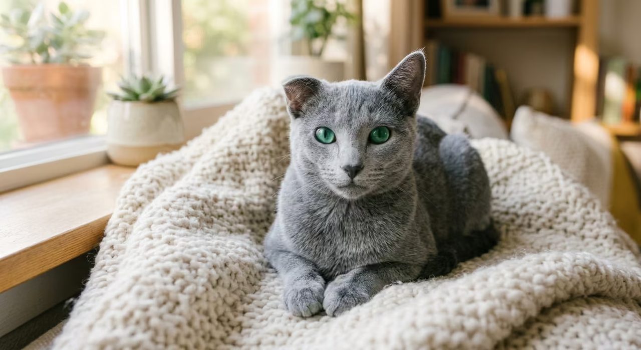 A grey Russian Blue cat with green eyes resting on a cream knit blanket by a sunny window